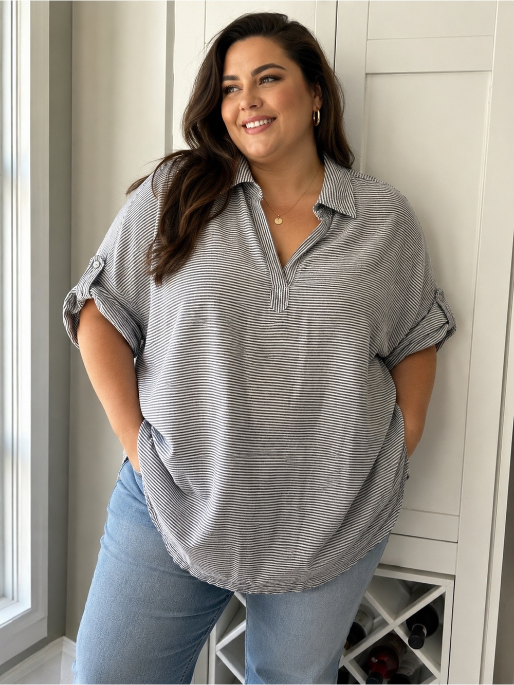 Artisan NY 2X Blue White Striped 100% Linen Cuffed Short Sleeve Blouse Top